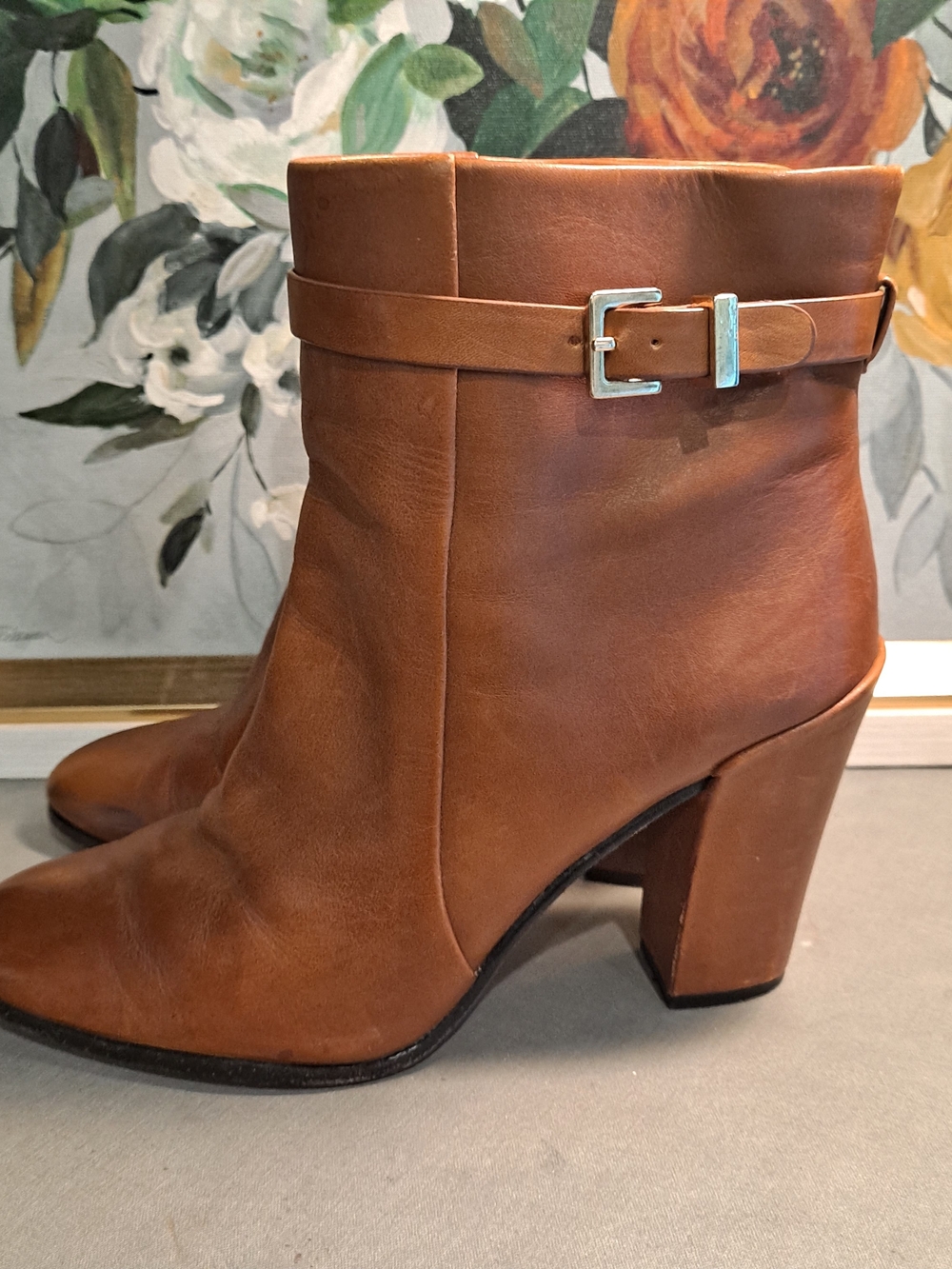 Kate Spade NY Brandi Cognac Brown Calf Leather Sleek Ankle Booties Buckle Detail